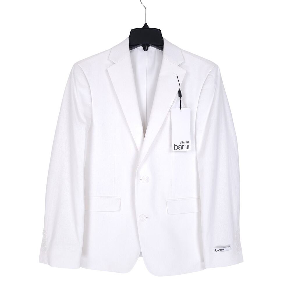 Bar III Mens Slim Fit Sport Coat Blazer 36S White Solid Linen Cotton Blend NWT
